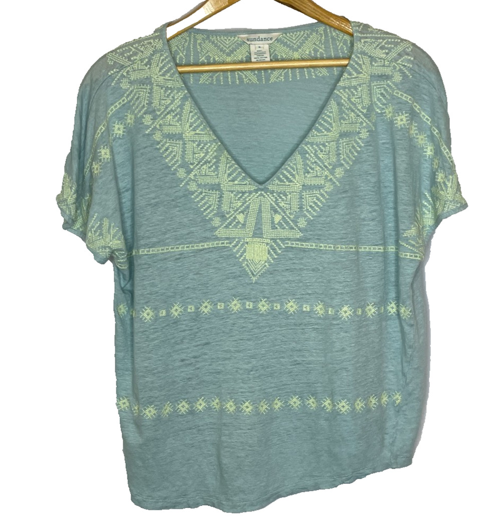 Women's Small Sundance Blue 100% Linen Embroidered Boho Short Sleeve T-Shirt